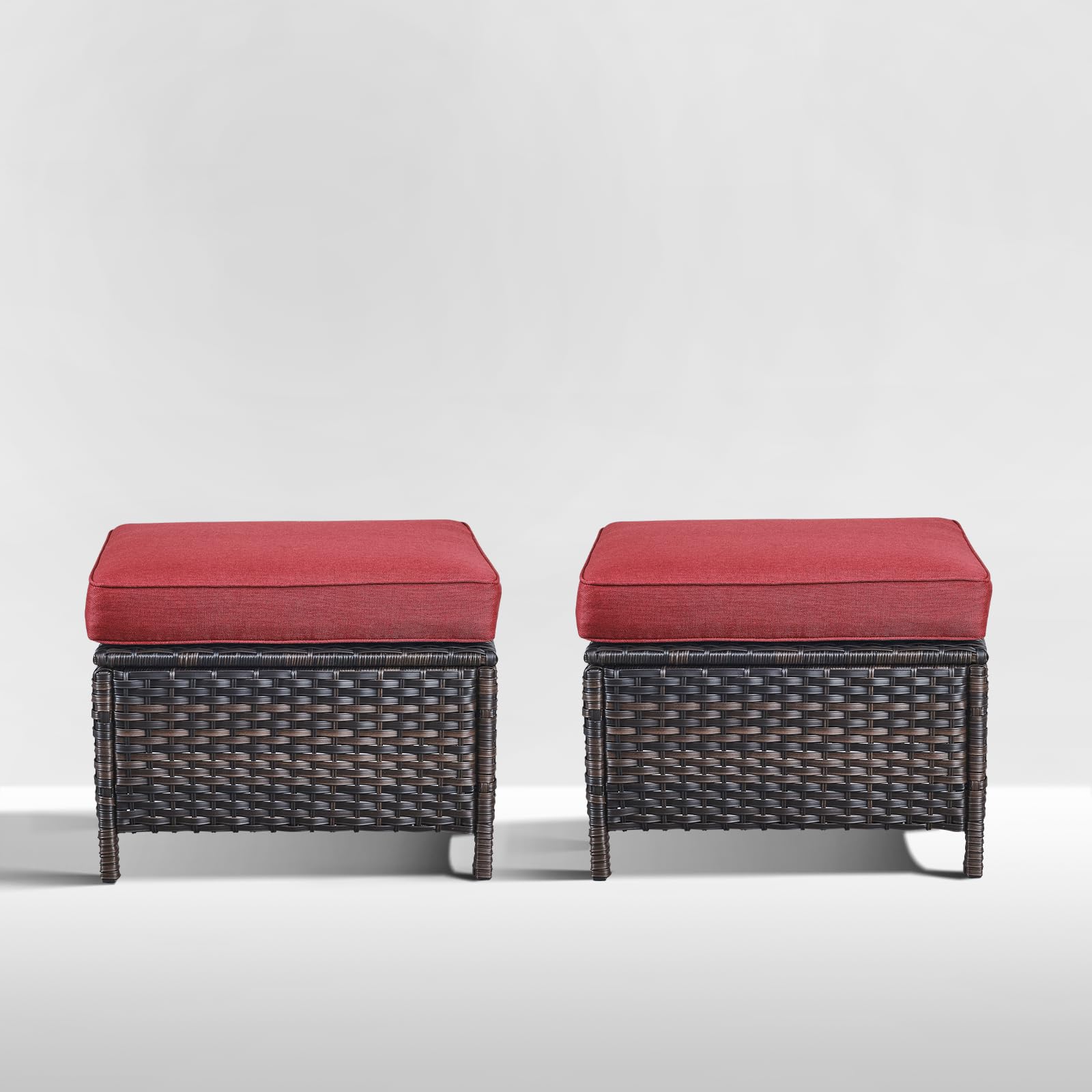 Outdoor Ottoman Set of 2 - PE Wicker Rattan Ottoman Patio Footstool for Deck Porch Balcony Garden - Brown/Red