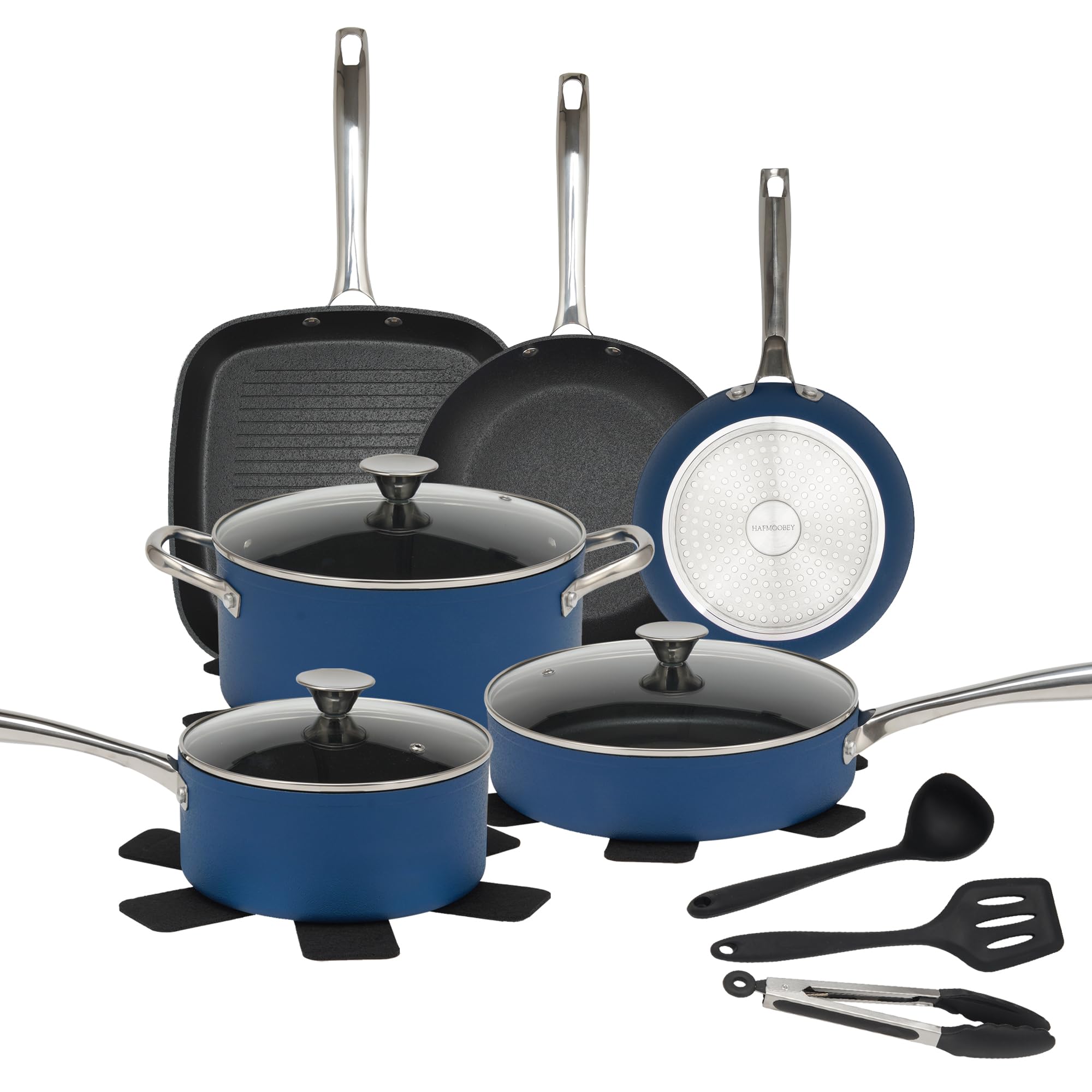 HAFMOOBEY Pots and Pans Set Nonstick, 18PCS Blue and Black Induction Cookware Sets with Frying Pans, Saucepan & Cooking Pots