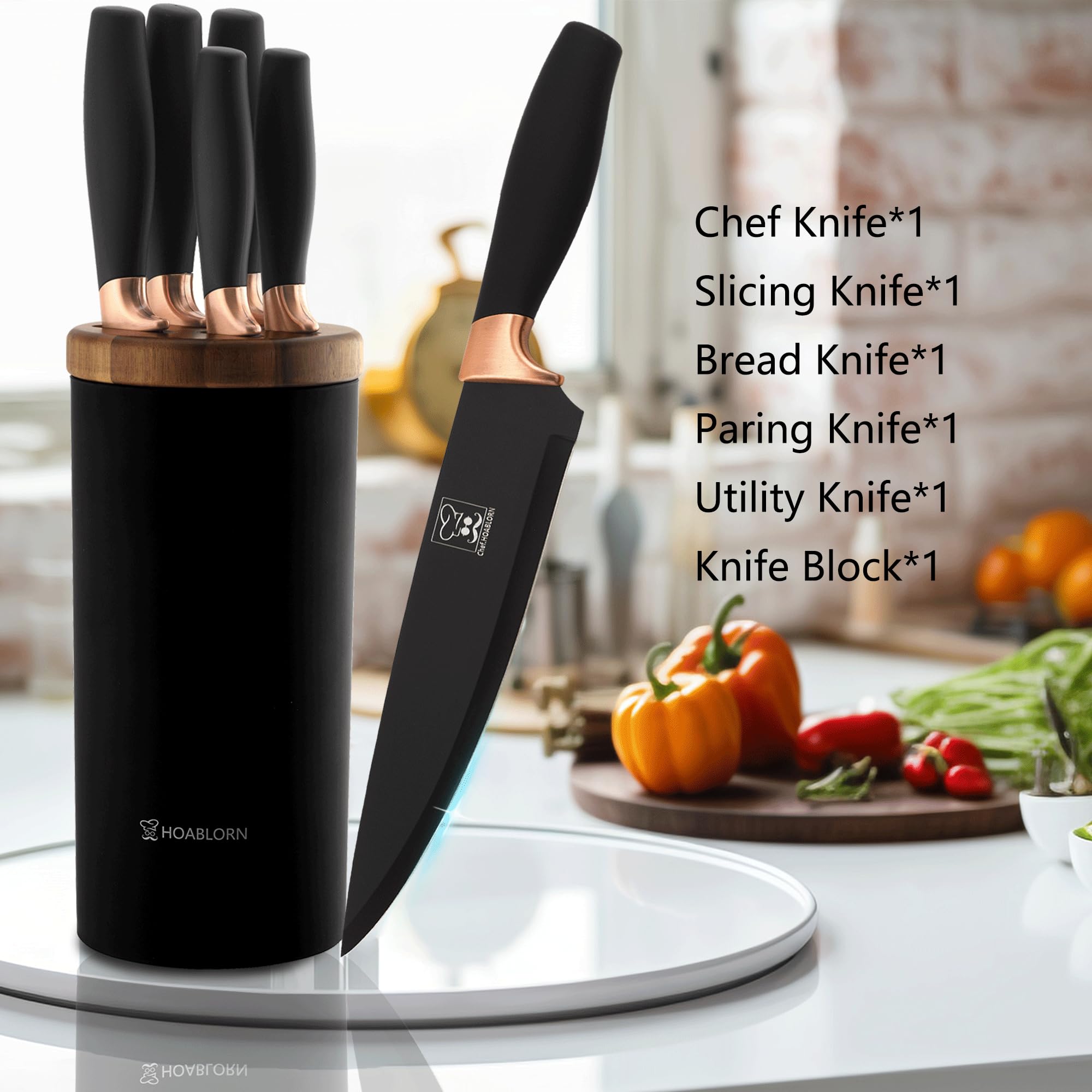 ChefHOABLORN Knife Block Set Universal Round Knife Holder Removable Knife Holder Easy to Clean Space Saving with 5 Knives Kitchen Knife Holder.