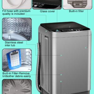 KRIB BLING Full Automatic Washing Machine with LED Display, 25 lbs Portable Washer Drain Pump, Come with a Glass Cover, 8 Programs & 8 Water Levels Selections, Ideal for Camping, Apartment, Dorm, Grey