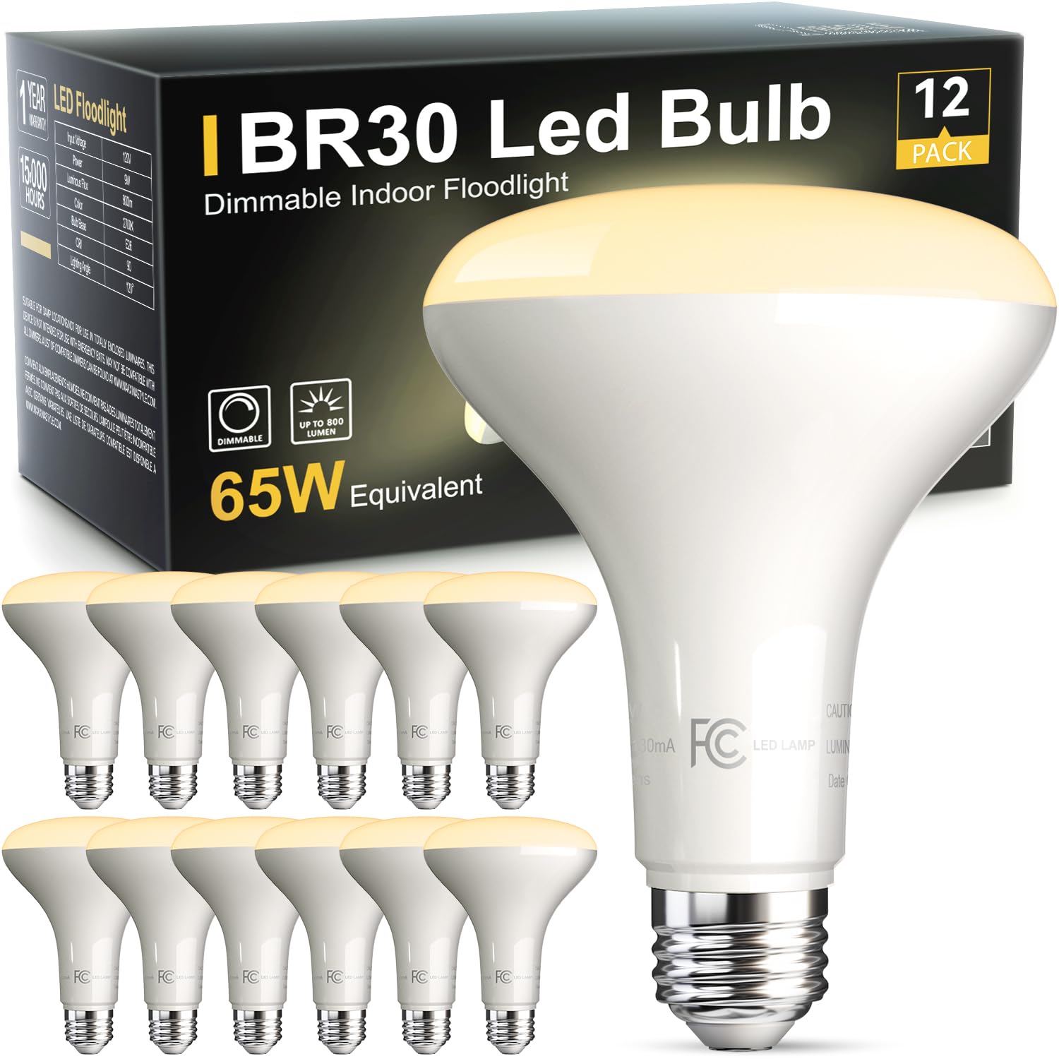 TJOY 12 Pack BR30 Led Bulb 65W Equivalent, Dimmable Flood Light Bulbs Indoor, E26 Base, 2700K Warm White, 9W, 800 LM, Recessed Lighting Bulbs for Ceiling, Recessed Can, Living Room and Kitchen