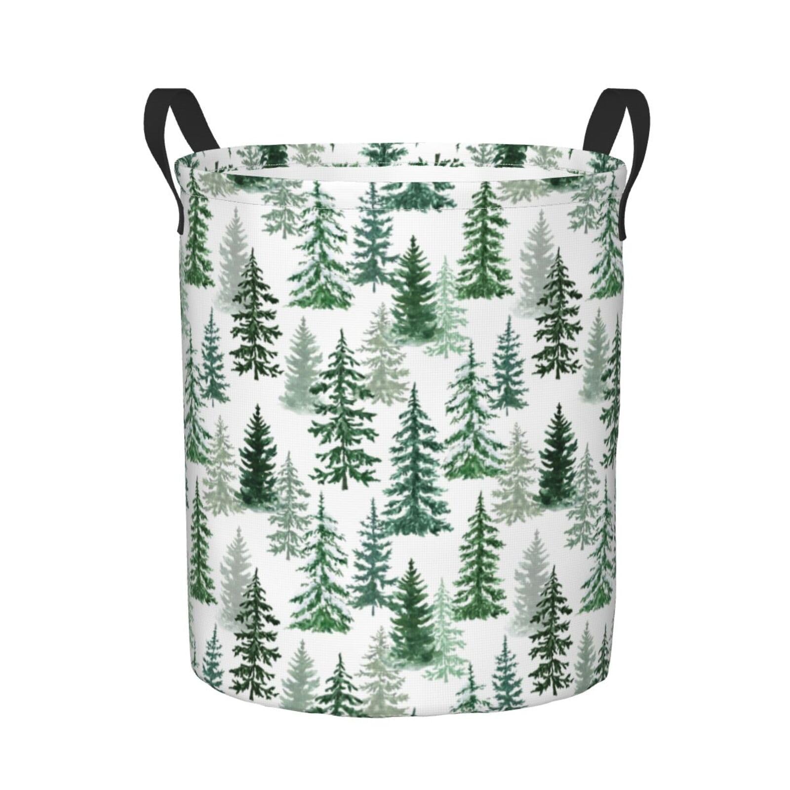 Delerain Pine and Spruce Trees Laundry Basket, Waterproof Laundry Hamper with Handles, Collapsible Toy Bins Dirty Clothes Round Storage Basket for Home Bathroom Office Nursery, 19.6X15.7(M)