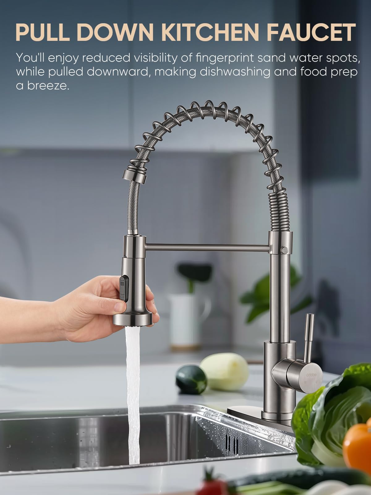 Cobbe Kitchen Faucets, Brushed Nickel Commercial Kitchen Faucet with Pull Down Sprayer, Stainless Steel Kitchen Sink Faucets for 1 or 3 Hole, Single Handle Faucet for Sink Farmhouse Rv