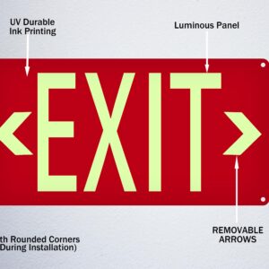 (2 Pack) Photoluminescent Exit Sign Red - with Removable Directional Arrows, With strong self adhesive tape, 14.25 x 7.5 Inches Heavy Duty Aluminum Signs, Fade Resistant