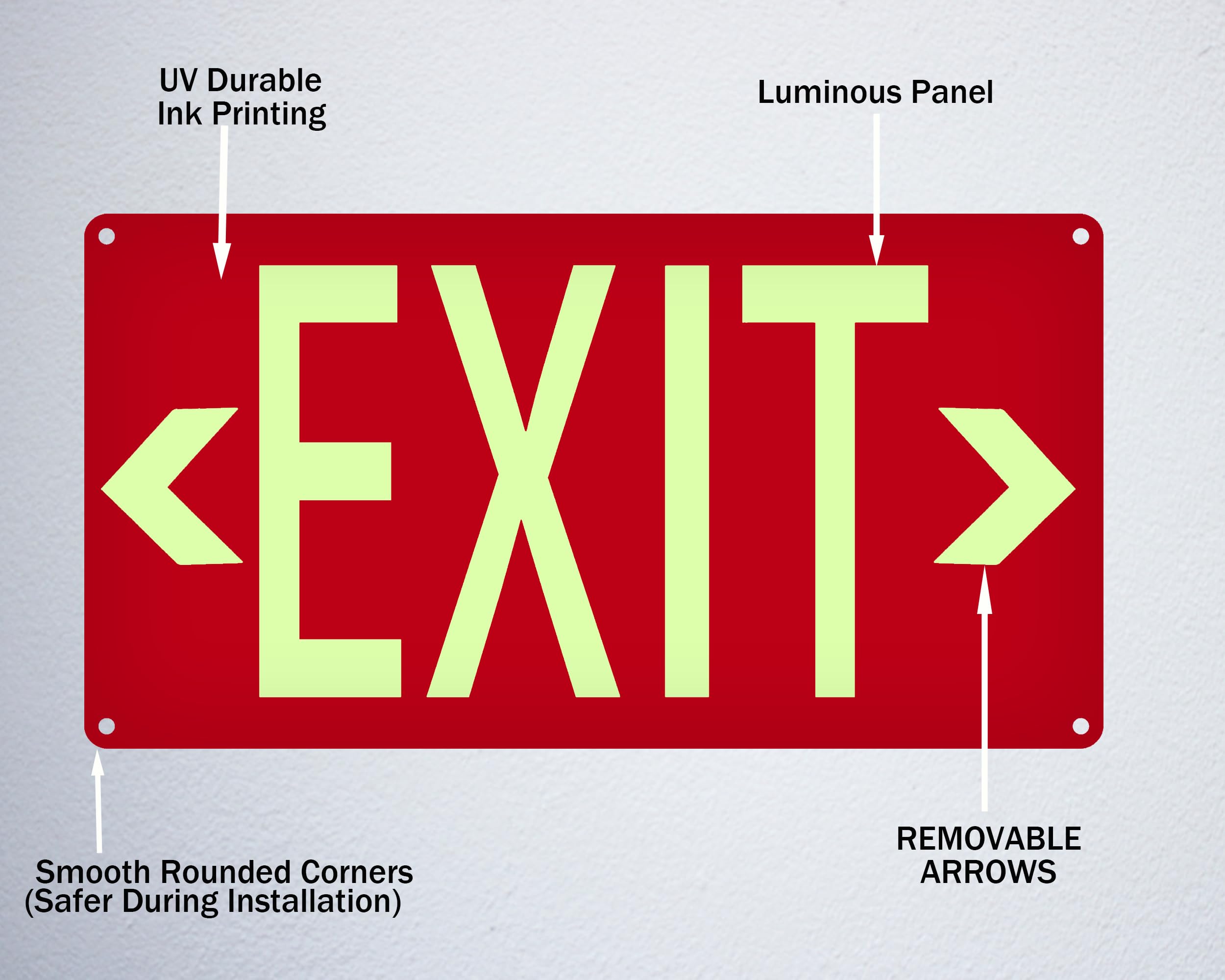 (2 Pack) Photoluminescent Exit Sign Red - with Removable Directional Arrows, With strong self adhesive tape, 14.25 x 7.5 Inches Heavy Duty Aluminum Signs, Fade Resistant