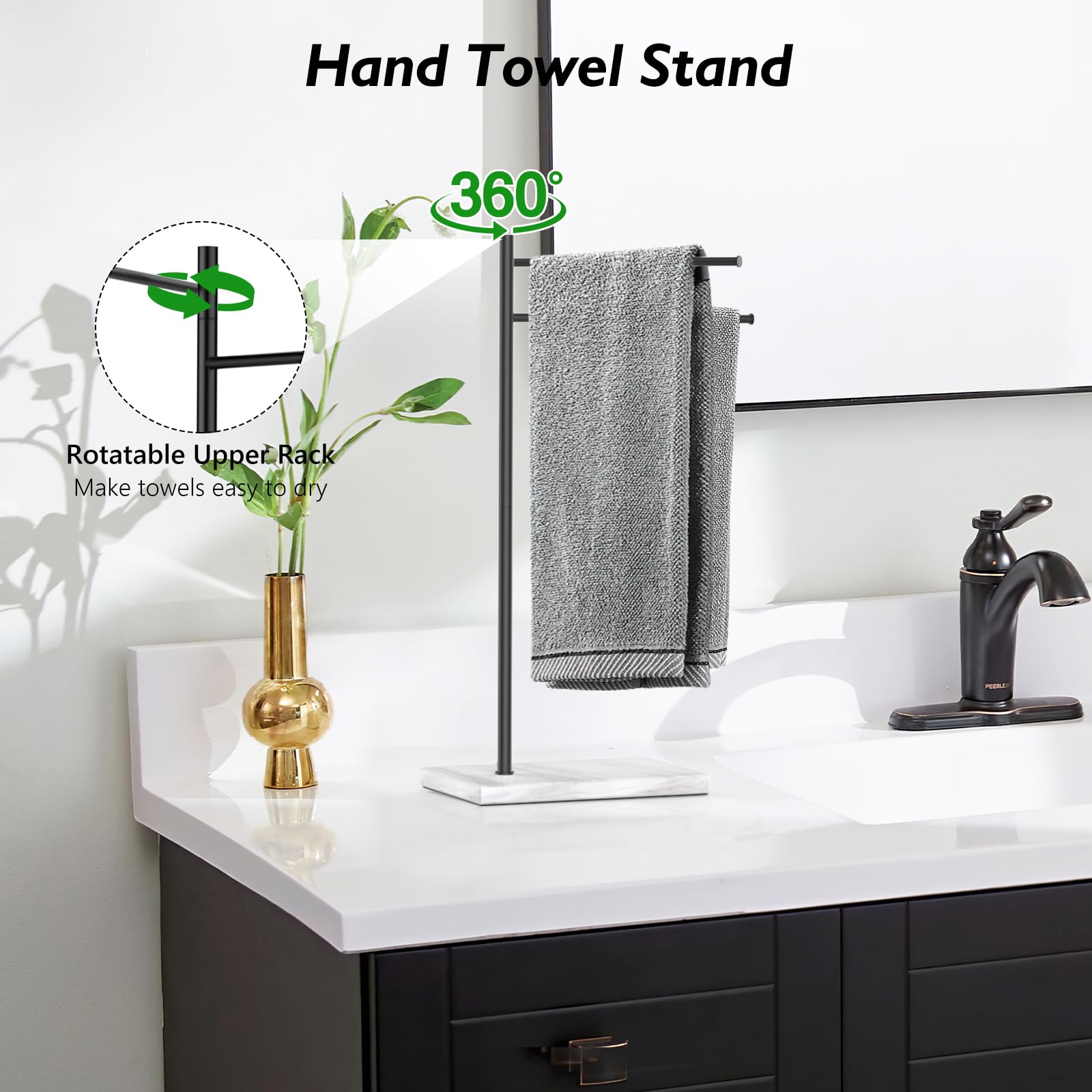 Luxspire Marble Hand Towel Holder, Countertop Free Standing Hand Towel Stand, Natural Marble Base Stainless Steel Rotatable Hand Towel Stand for Bathroom Kitchen Restroom Counter, 17 inch, F-Shape