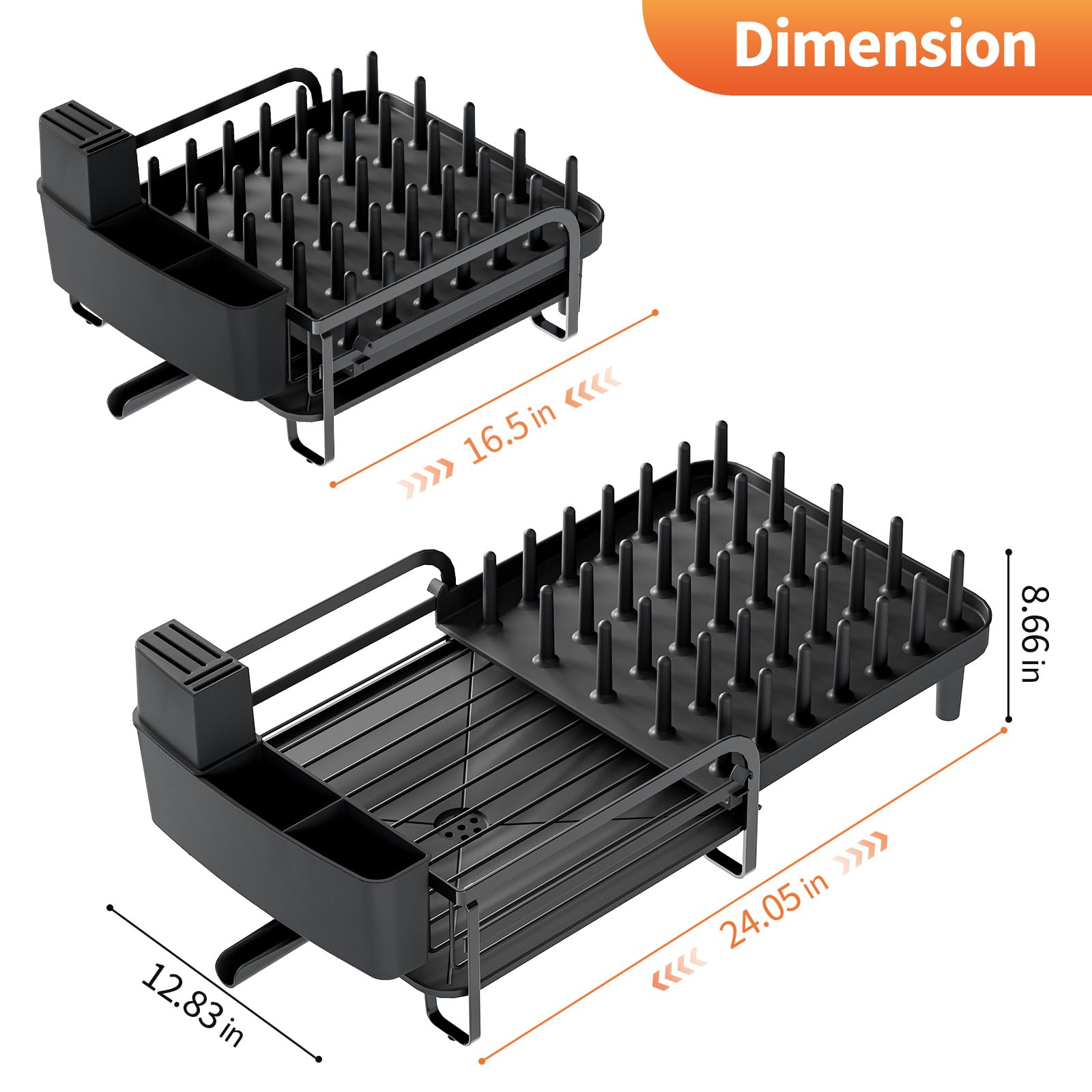 Urackify Extendable Dish Drying Rack for Kitchen Counter, Expandable Dish Rack with Plates, Glasses, Mugs, Drainboard, Pans & Pots Holder, Multifunctional Dish Dryer Drainer with 360° Swivel Spout