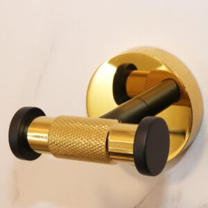 SENMY Designer Luxury Shiny Gold Knurled Matte Black PVD Finish, Solid Brass Construction, Double Towel Hook, Rustproof, Heavy Duty Door Hanger Robe Closet Corrosion-Proof Wall Mount Bathroom Kitchen