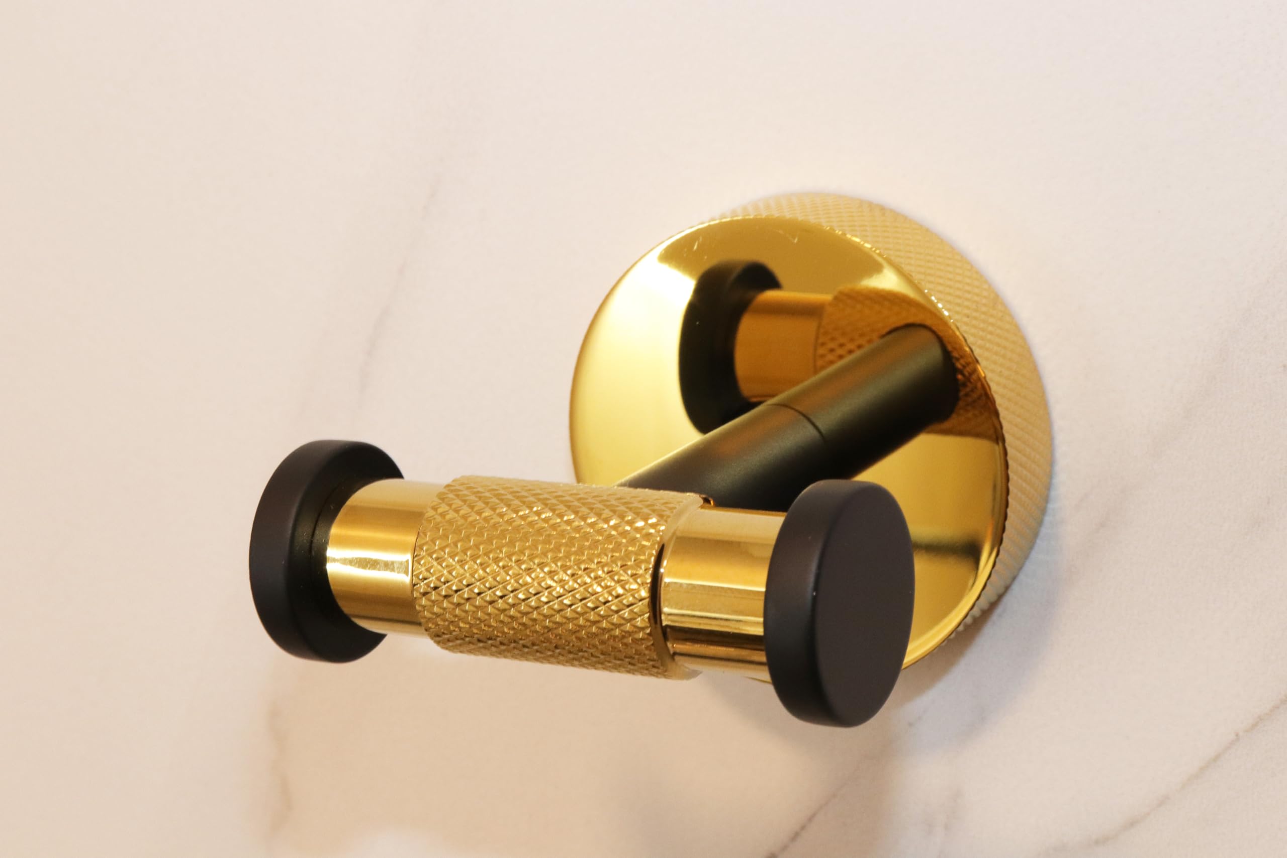 SENMY Designer Luxury Shiny Gold Knurled Matte Black PVD Finish, Solid Brass Construction, Double Towel Hook, Rustproof, Heavy Duty Door Hanger Robe Closet Corrosion-Proof Wall Mount Bathroom Kitchen