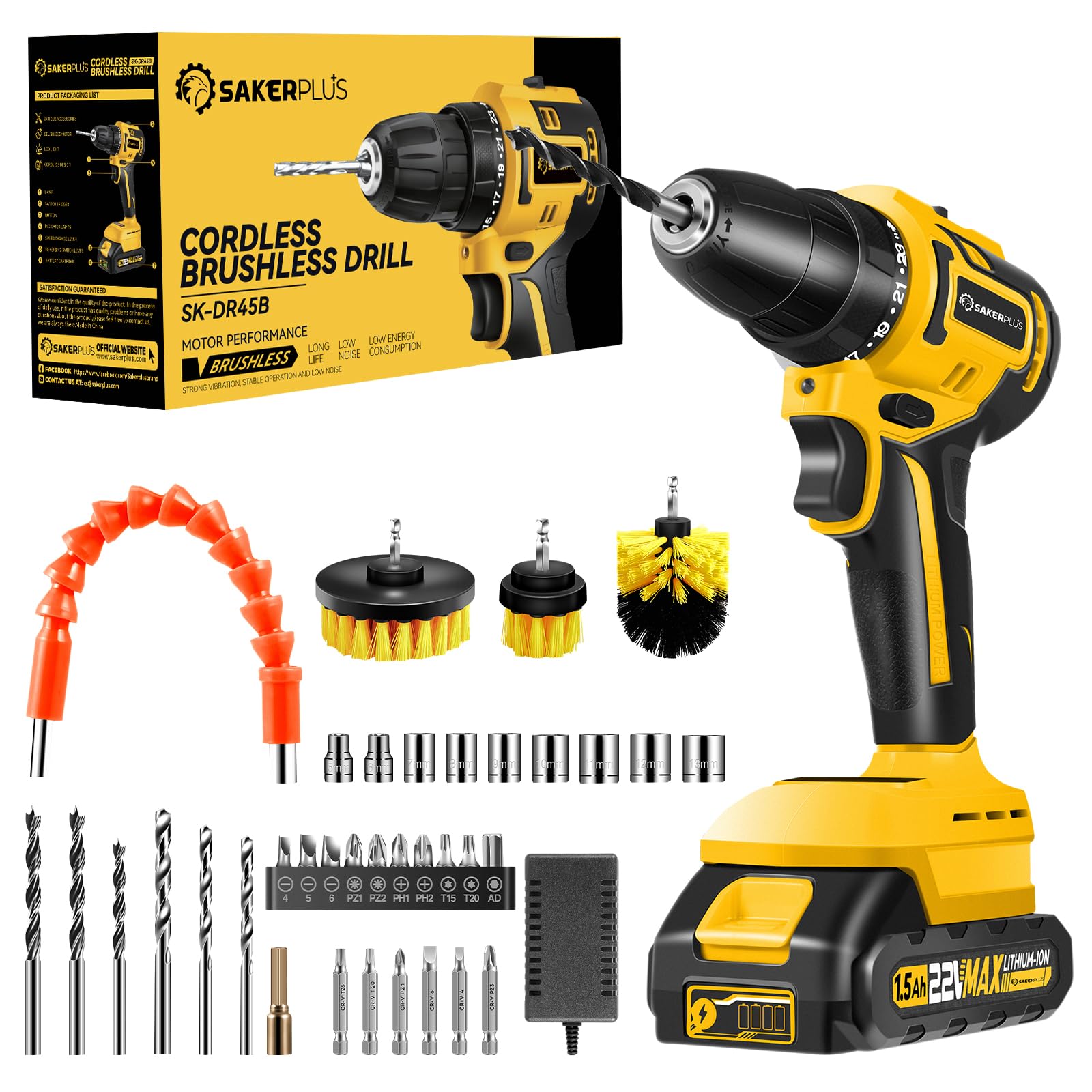 SakerPlus Cordless Drill Set with Drill Bits,22V Brushless Electric Screwdriver Driver Tool Kit,3/8-Inch Keyless Chuck,2 Variable Speeds,430 In-lbs Torque Battery Powered Drills for Home Repair & DIY