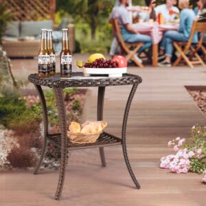 Outdoor Side Table Patio Wicker Coffee Table Outdoor End Table Rattan Bistro Table with Storage & Poly Lumber Table Top Square for Outside Balcony Porch Backyard Deck Brown