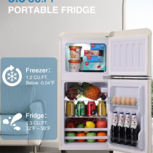 Kazigak 3.5 Cu Ft Mini Refrigerator, Compact Refrigerator with Freezer, Double Door, 7 Level Adjustable Thermostat, Cream for Home, Office, Dorm