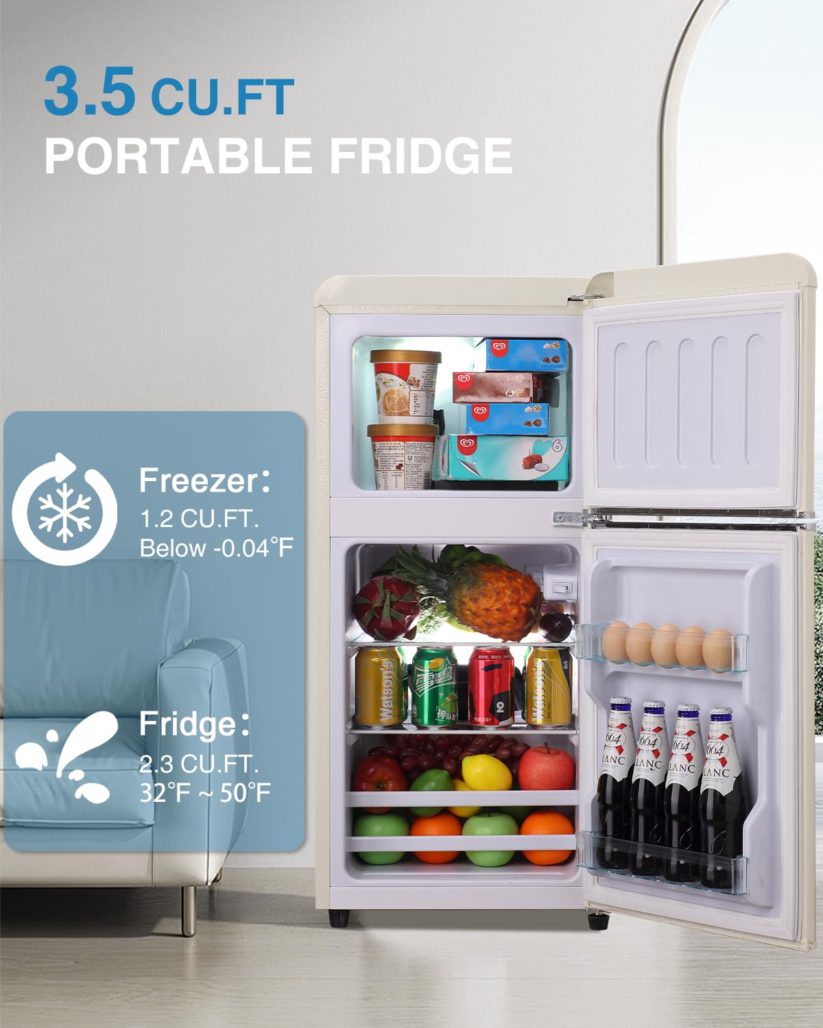 Kazigak 3.5 Cu Ft Mini Refrigerator, Compact Refrigerator with Freezer, Double Door, 7 Level Adjustable Thermostat, Cream for Home, Office, Dorm