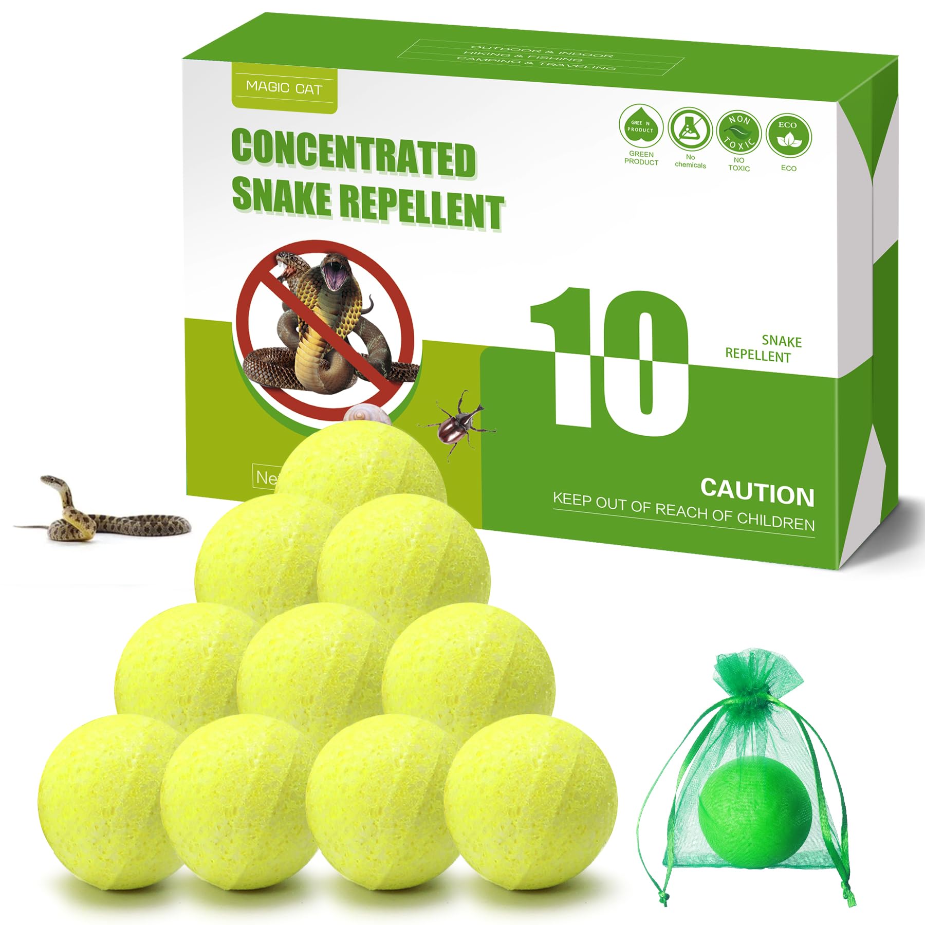 MAGIC CAT Snake Repellent for Yard, 10 Pack Natural Snake Away Repellent for Outdoor & Indoor Snake Pest Control, Powerful Anti-Snake Barrier Ball Pet Family Safe for Home Lawn Garden Camping Fishing