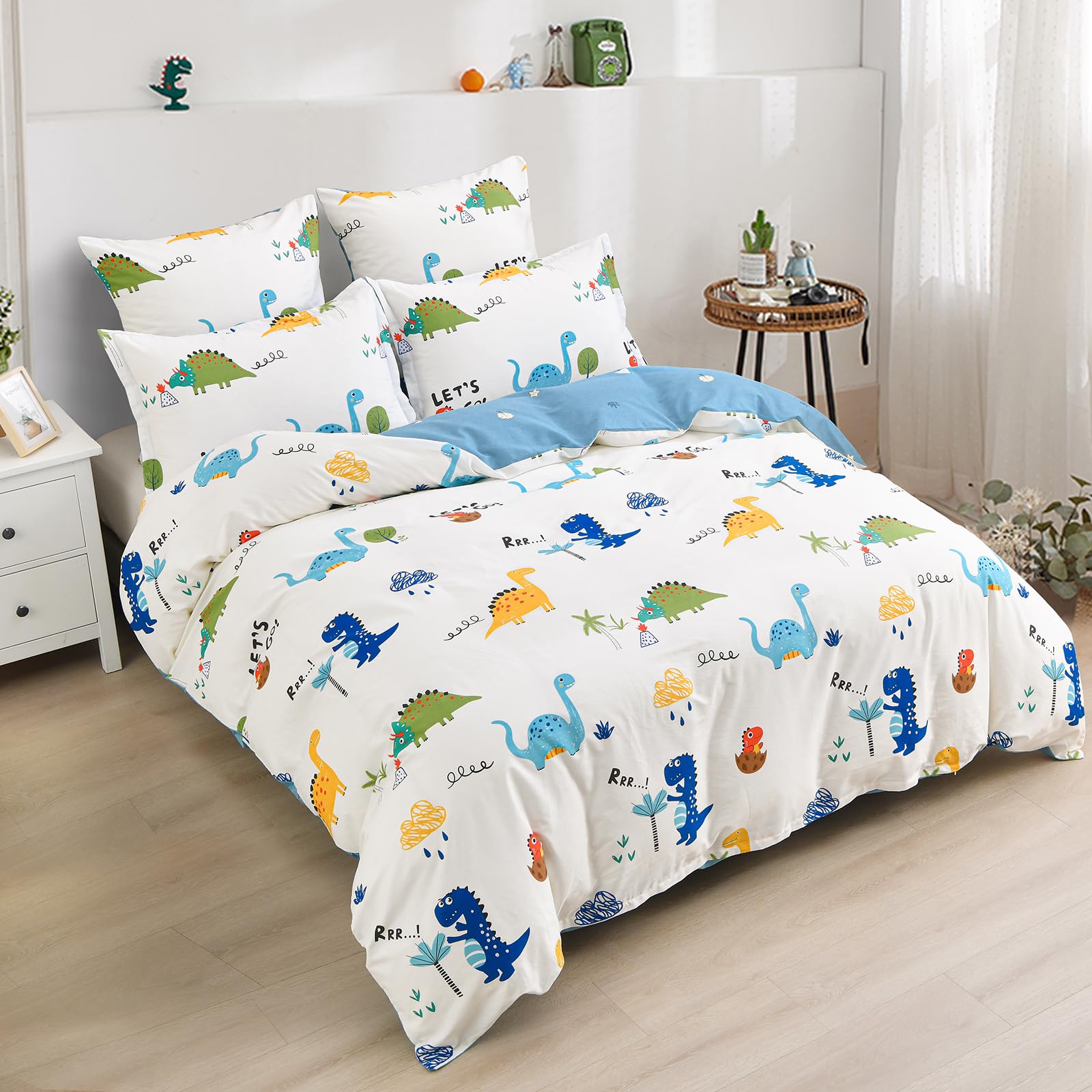 Kids Duvet Cover Set Twin, Cotton Dinosaur Kids Bedding Set for Boys Girls, Soft Breathable Comforter Cover Set (1 Duvet Cover+1 Pillowcase)