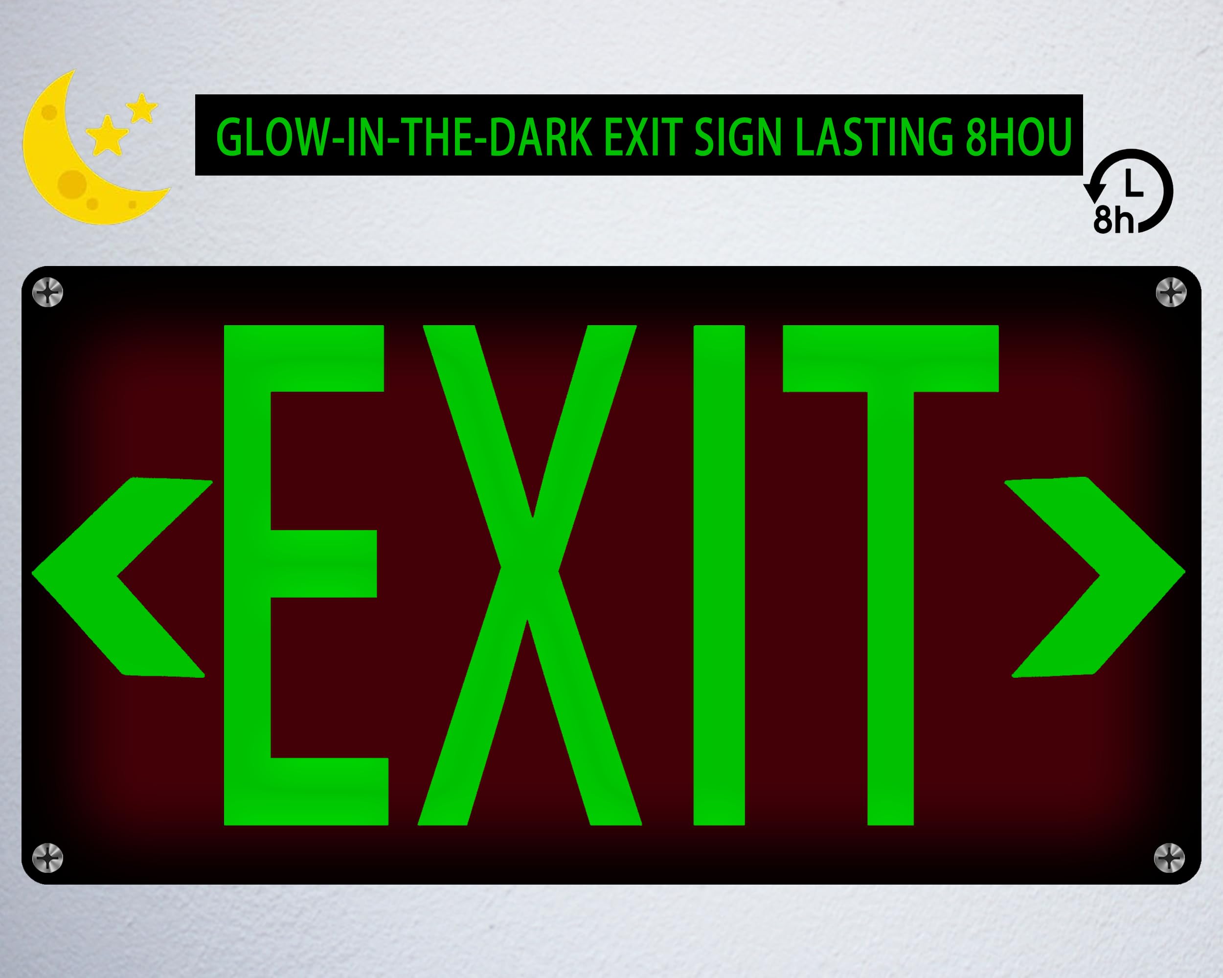 (2 Pack) Photoluminescent Exit Sign Red - with Removable Directional Arrows, With strong self adhesive tape, 14.25 x 7.5 Inches Heavy Duty Aluminum Signs, Fade Resistant