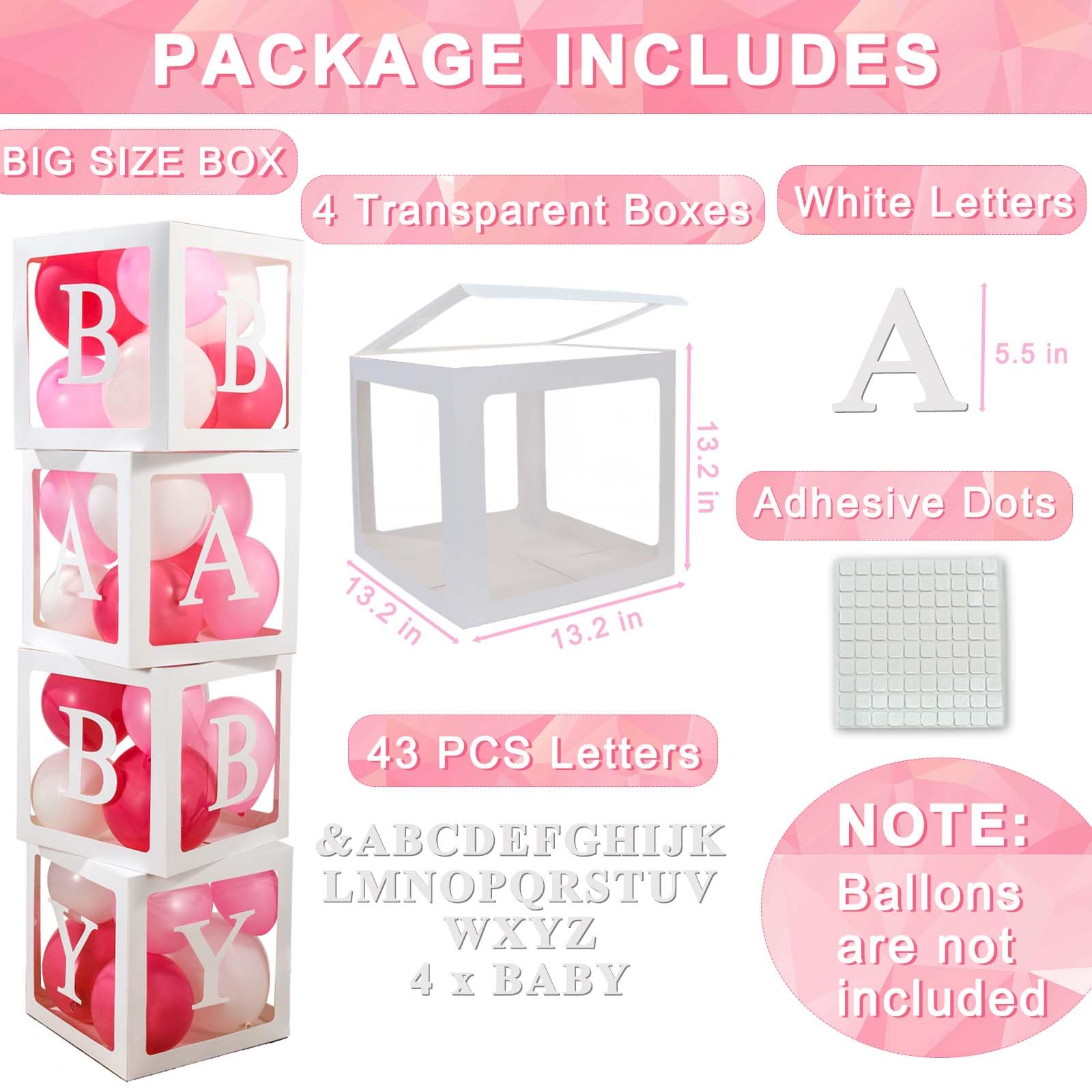 Ledido Baby Boxes with Letters, 13.2" Clear Balloon Boxes for Baby Shower, Large White Transparent Block Baby Letter Box for Birthday Bridal Wedding Graduation Prom Party Gender Reveal Decor, 4 PCS