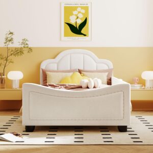 Elegant Twin Size Upholstered Daybed with Cloud Shaped Headboard and Embedded Copper Nail,for Kids Boys Girls Teens Bedroom Use (Beige@Cloud, Twin)