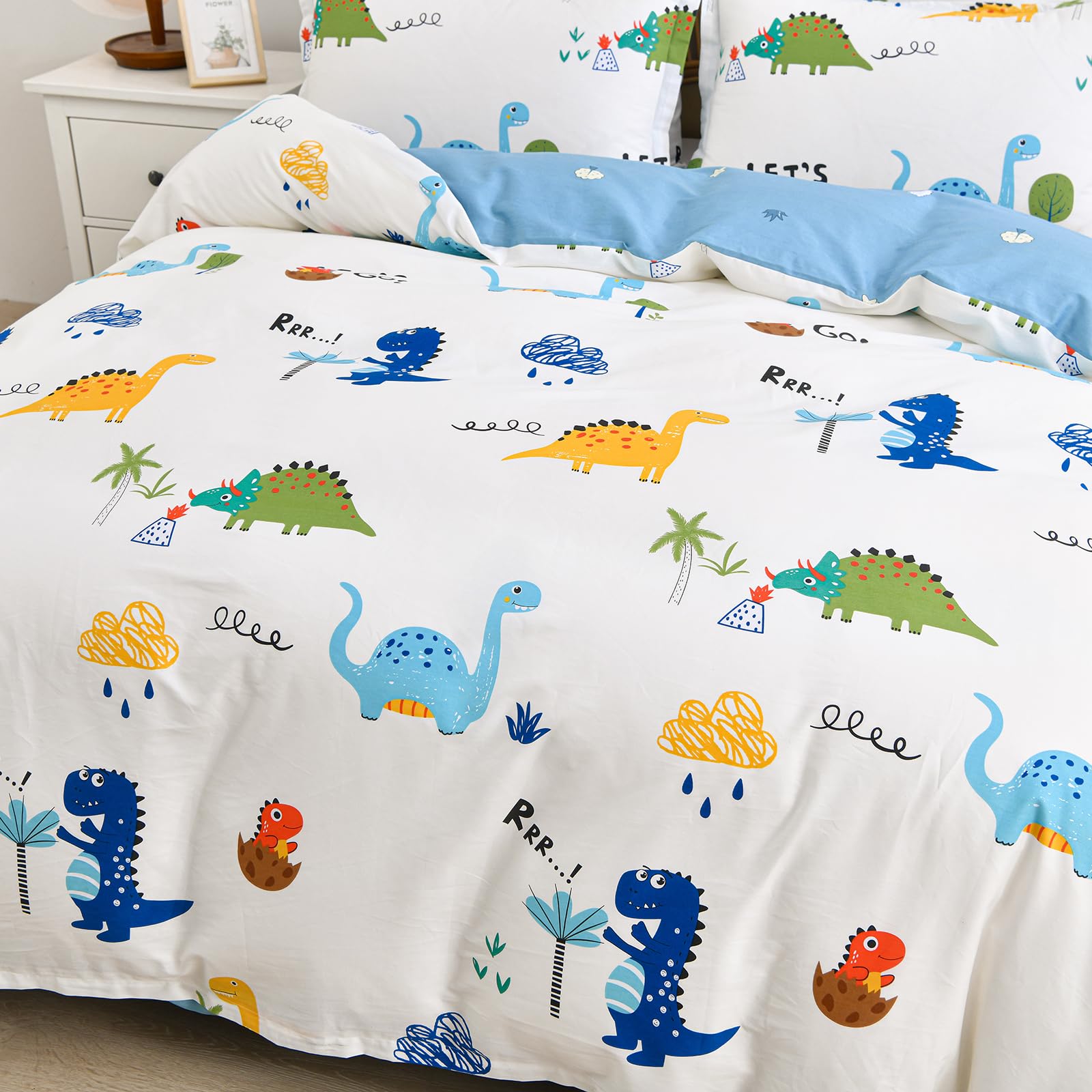 Kids Duvet Cover Set Twin, Cotton Dinosaur Kids Bedding Set for Boys Girls, Soft Breathable Comforter Cover Set (1 Duvet Cover+1 Pillowcase)