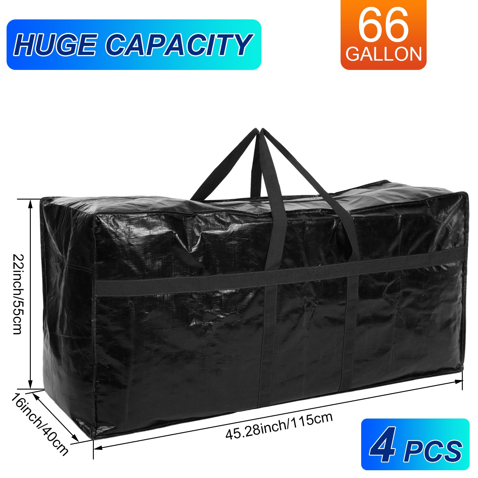 Clysee 4 Pcs 66 Gallon Large Storage Bags with Zipper and Handles Foldable Moving Bags Heavy Duty Extra Large Tote Duffle Bag for College Dorm Travel Clothes Blankets Bedding Moving (Black)