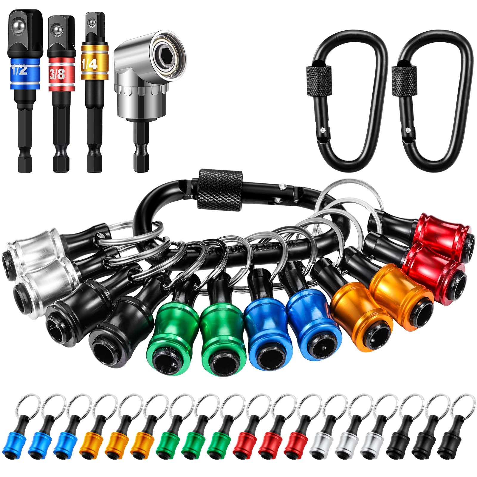 Threlaco 18 Pcs Bit Holder Keychains 3 Pcs 1/4 3/8 1/2" Socket Portable Hex Shank Screwdriver Bar Impact Bit Holder 105° Angle Attachment Adapter Drill Screw Adapter for Tool(Classic Color)