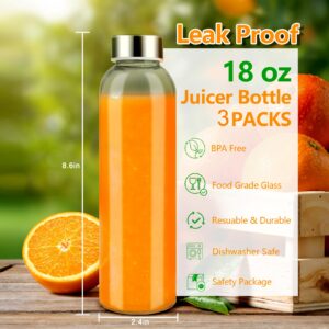 Zukro Glass Juice Bottles with Lids for Juicing 18 oz, Reusable Clear Glass Water Bottles with Stainless Steel Airtight Cap for Refrigerator, 100% Leak Proof, BPA Free, Set of 3