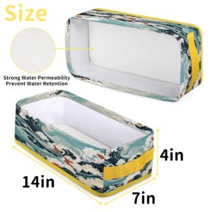 Traditional Japanese Waves Narrow Foldable Bathroom Storage Basket Bins, Toilet Tank Paper Basket Box with Handles, Fabric Containers Organizing for Vanities Cabinets Towels