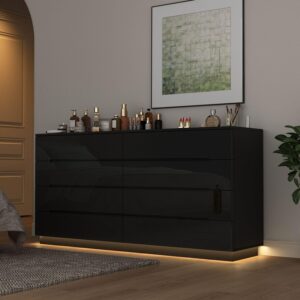 FAMAPY High Gloss Dresser with Lights, Modern Glossy Dresser with Curved Edge, Chest of Drawers 8 Drawer Dresser, Contemporary Dresser for Bedroom Black (63”W x 15.7”D x 30.9”H)