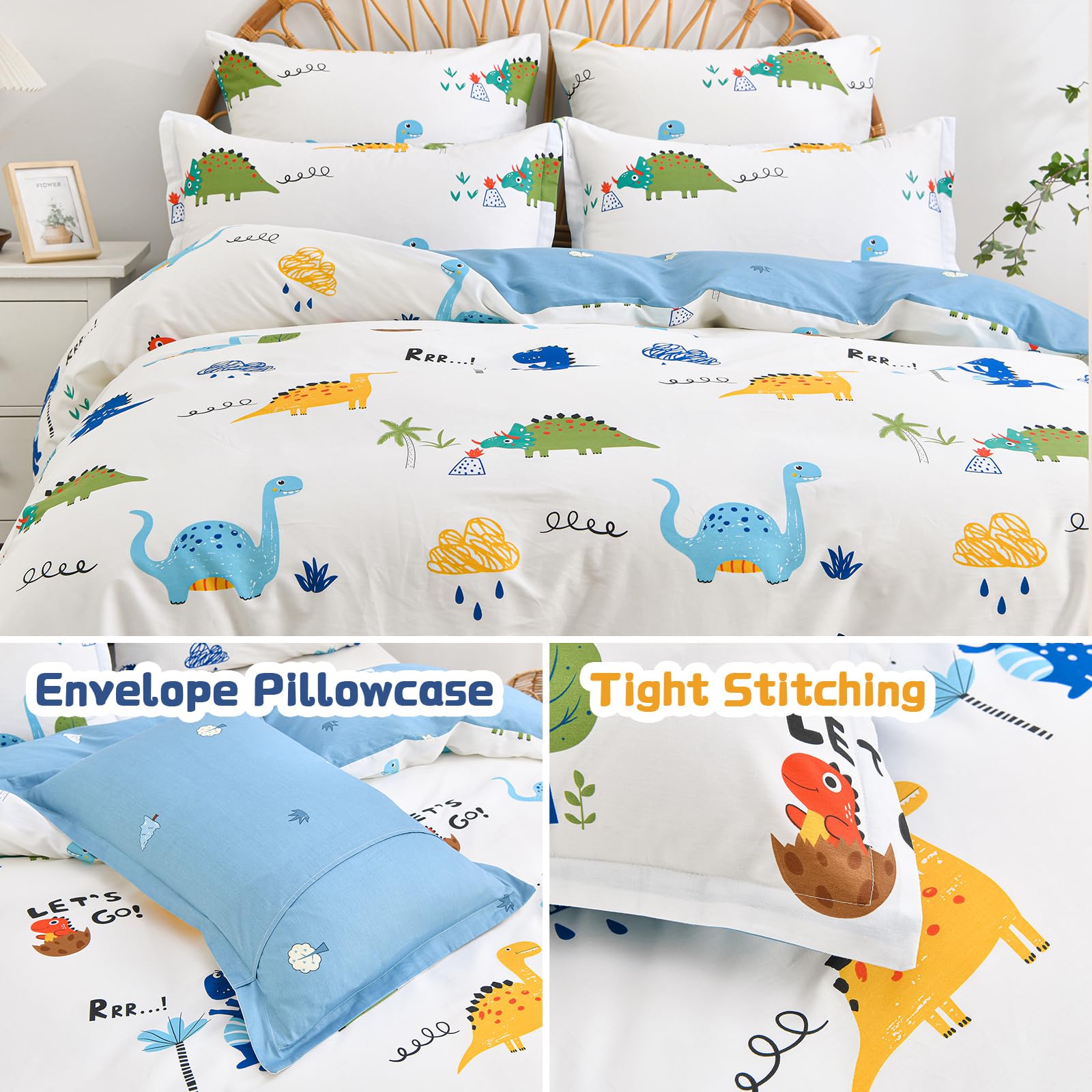 Kids Duvet Cover Set Twin, Cotton Dinosaur Kids Bedding Set for Boys Girls, Soft Breathable Comforter Cover Set (1 Duvet Cover+1 Pillowcase)