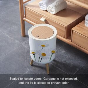 UQK145ZVG Trash Can with Lid Daisies White Press Cover Small Garbage Bin Round with Wooden Legs Waste Basket for Bathroom Kitchen Bedroom 7L/1.8 Gallon, 8.6''x14.3''