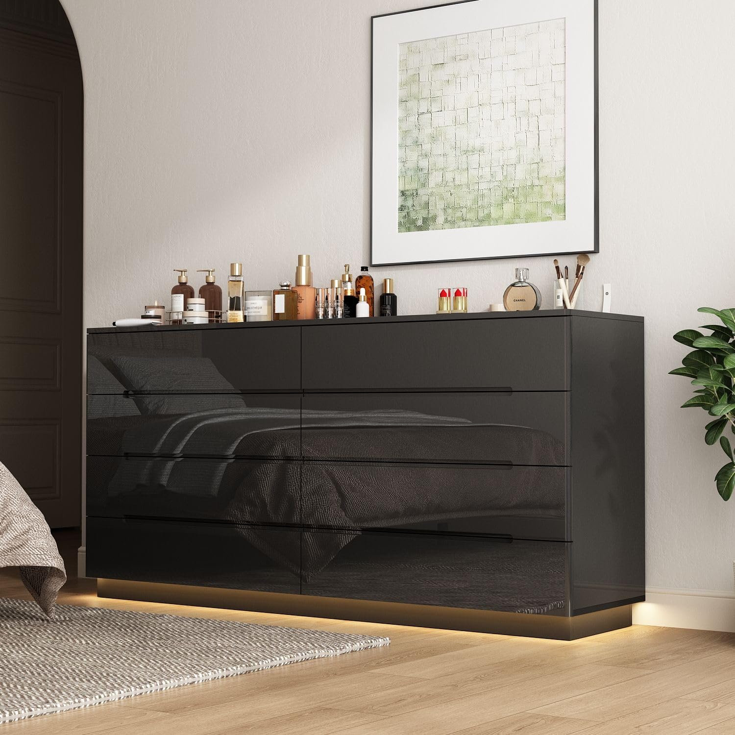 FAMAPY High Gloss Dresser with Lights, Modern Glossy Dresser with Curved Edge, Chest of Drawers 8 Drawer Dresser, Contemporary Dresser for Bedroom Black (63”W x 15.7”D x 30.9”H)