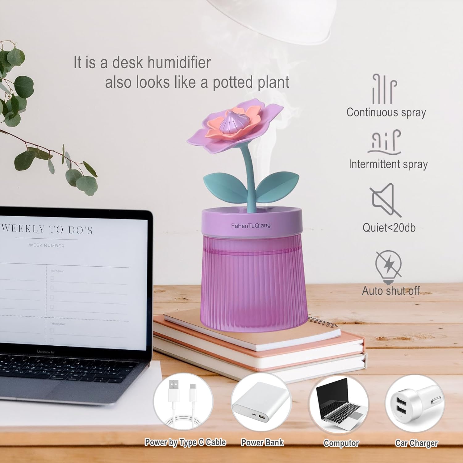 Desk Mini Humidifier,Personal Small Humidifier Diffuser 260ml Portable,Cute,Flower,Quiet,Cool Mist, Auto Off,Colorful Light,Top Fill Air Humidifier for Plants Bedroom Baby Room Office Travel Home