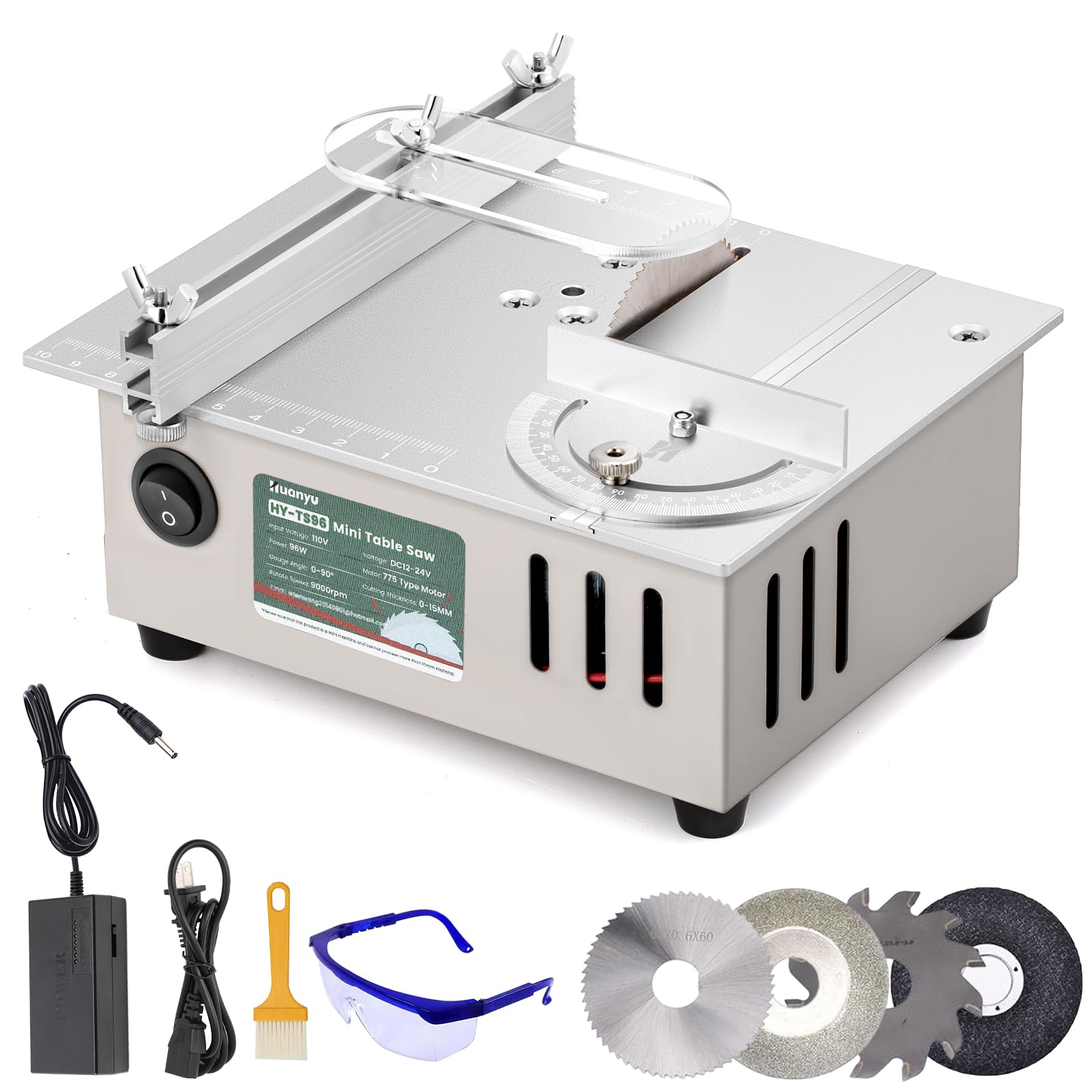 Huanyu Mini Table Saw 96W 9000RPM Hobby Electric Saw 7-Level Speed Adjustable 0-90 Angle 15MM Cutting Depth with Blade Model DIY Crafts Cutting Tool for Precision Cut Metal Wood Plastic Acrylic