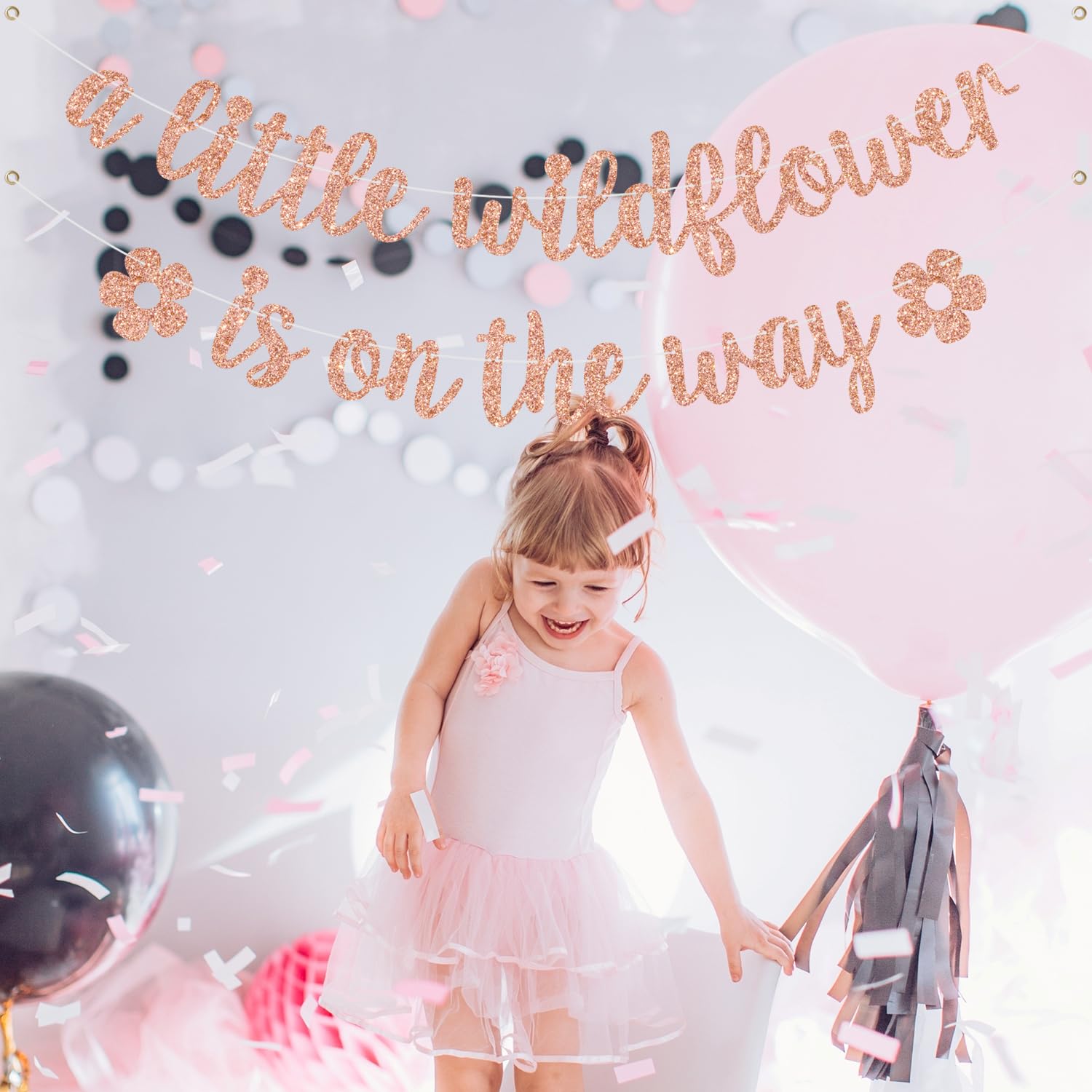 A Little Wildflower is on the Way Banner, Flower Baby Shower Decorations, Floral Theme Gender Reveal Baby Shower Party Decorations, Rose Gold Glitter