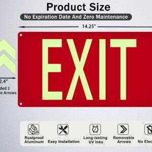 (2 Pack) Photoluminescent Exit Sign Red - with Removable Directional Arrows, With strong self adhesive tape, 14.25 x 7.5 Inches Heavy Duty Aluminum Signs, Fade Resistant