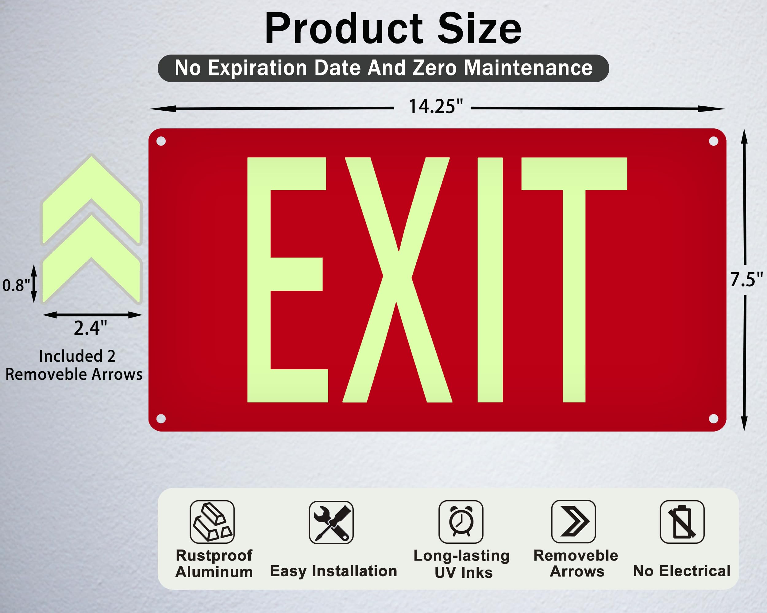 (2 Pack) Photoluminescent Exit Sign Red - with Removable Directional Arrows, With strong self adhesive tape, 14.25 x 7.5 Inches Heavy Duty Aluminum Signs, Fade Resistant