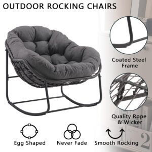 YDcosyfy Papasan Rocking Chair with Thick Cushion, Indoor Outdoor Comfy Patio Chair with Upgraded Steel Frame Oversized Wicker Lounge Chair for Front Porch, Garden, Bedroom, Living Room,Grey