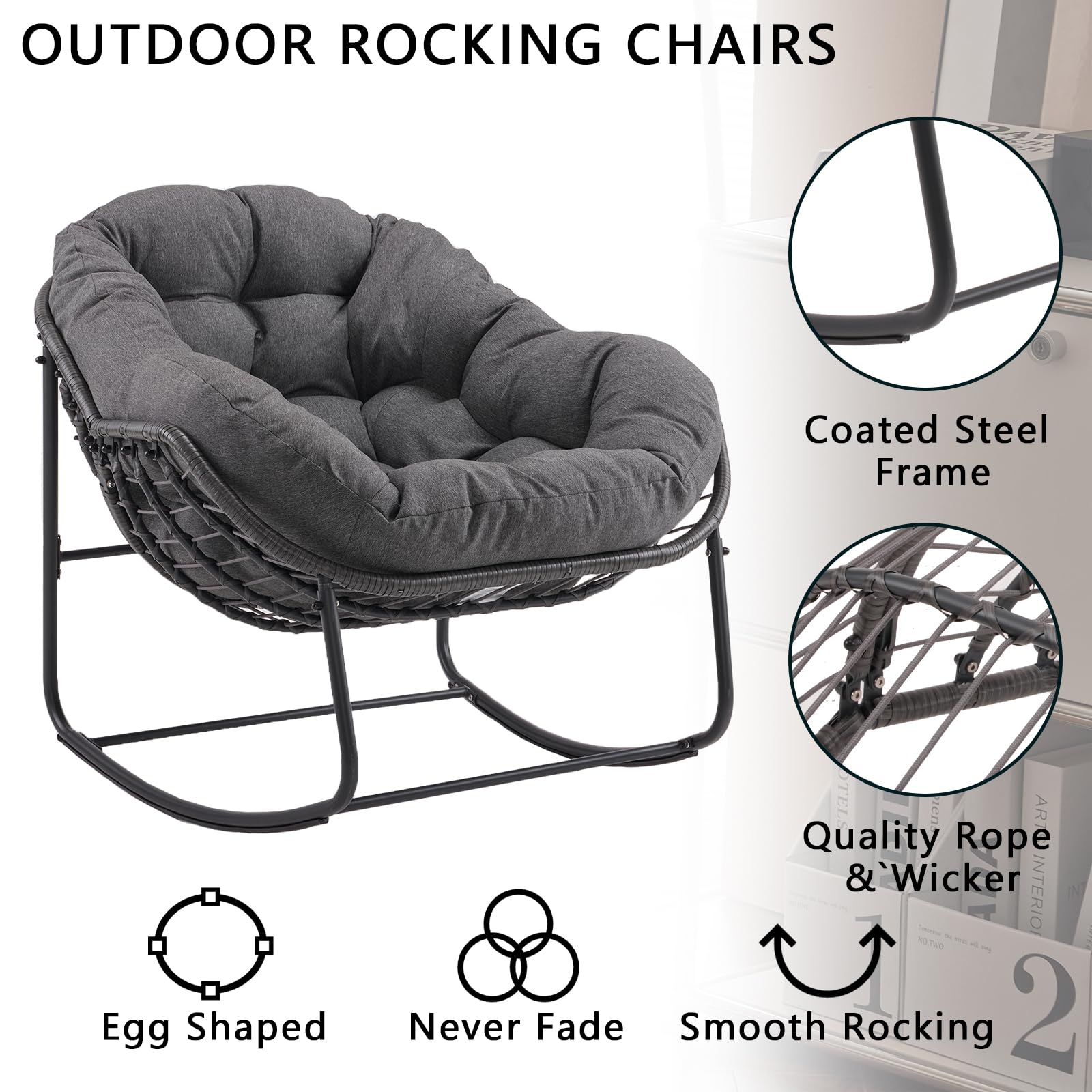 YDcosyfy Papasan Rocking Chair with Thick Cushion, Indoor Outdoor Comfy Patio Chair with Upgraded Steel Frame Oversized Wicker Lounge Chair for Front Porch, Garden, Bedroom, Living Room,Grey