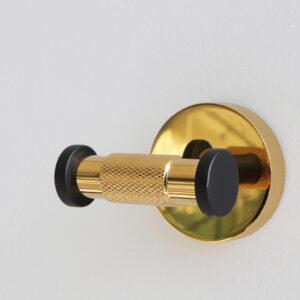 SENMY Designer Luxury Shiny Gold Knurled Matte Black PVD Finish, Solid Brass Construction, Double Towel Hook, Rustproof, Heavy Duty Door Hanger Robe Closet Corrosion-Proof Wall Mount Bathroom Kitchen