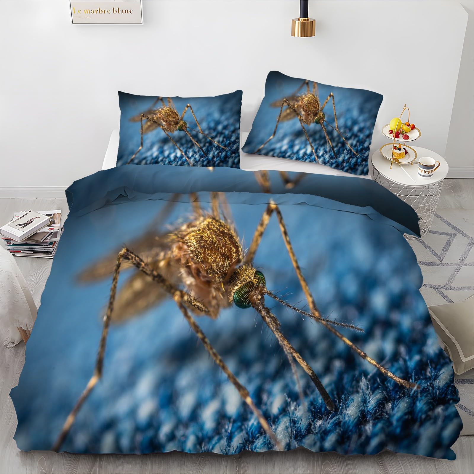 HRBK Blue Anopheles Mosquito Duvet Cover Twin - Insect Pattern Bedding Set Super Soft Comforter Cover + 2 Pillowcases 20"x26", 110gsm Microfiber Comfortable Duvet Covers 3 Piece with Zipper