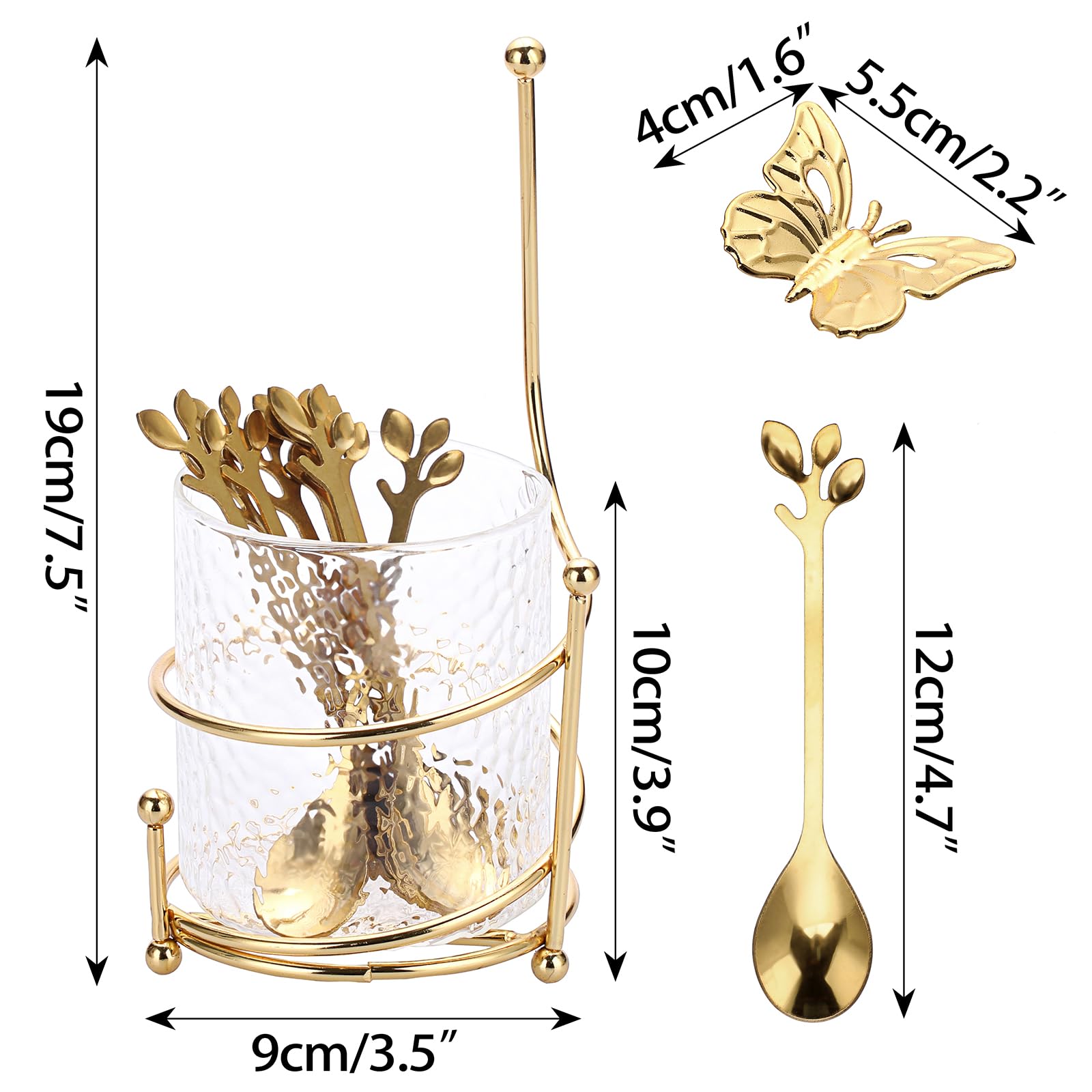 ELLDOO Coffee Spoon Set, Clear Glass Holder with 8 Stainless Steel Gold Leaf Coffee Spoons, Creative Flatware Set for Stirring, Mixing, Sugar, Ice Cream, Cake (8 x Spoons)