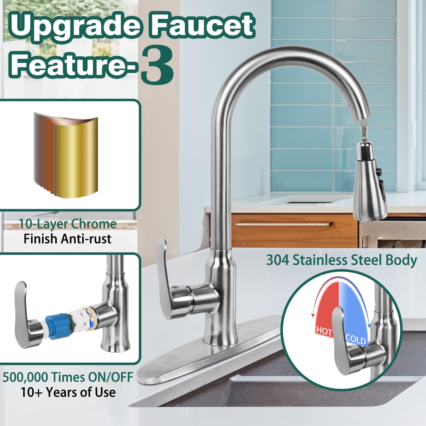 Kitchen Faucet with Pull Down Sprayer, Brushed Nickel Kitchen Sink Faucet, Single Handle Stainless Steel RV Faucet for Kitchen Sink with Deck Plate