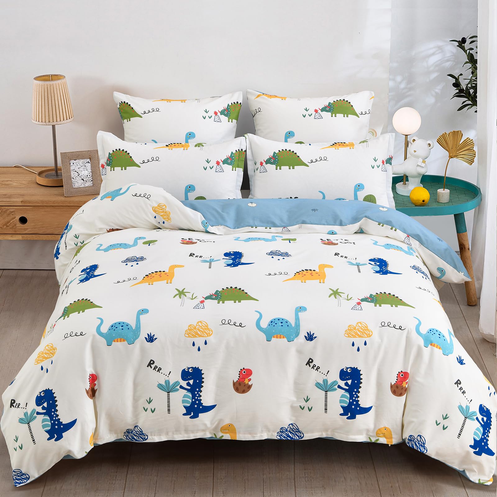 Kids Duvet Cover Set Twin, Cotton Dinosaur Kids Bedding Set for Boys Girls, Soft Breathable Comforter Cover Set (1 Duvet Cover+1 Pillowcase)