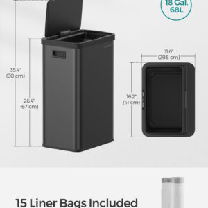 SONGMICS Motion Sensor Trash Can, 18-Gallon (68L) Automatic Kitchen Garbage Can with Stay-Open Lid, Soft Close, Stainless Steel, 15 Trash Bags Included, Ink Black ULTB630B68