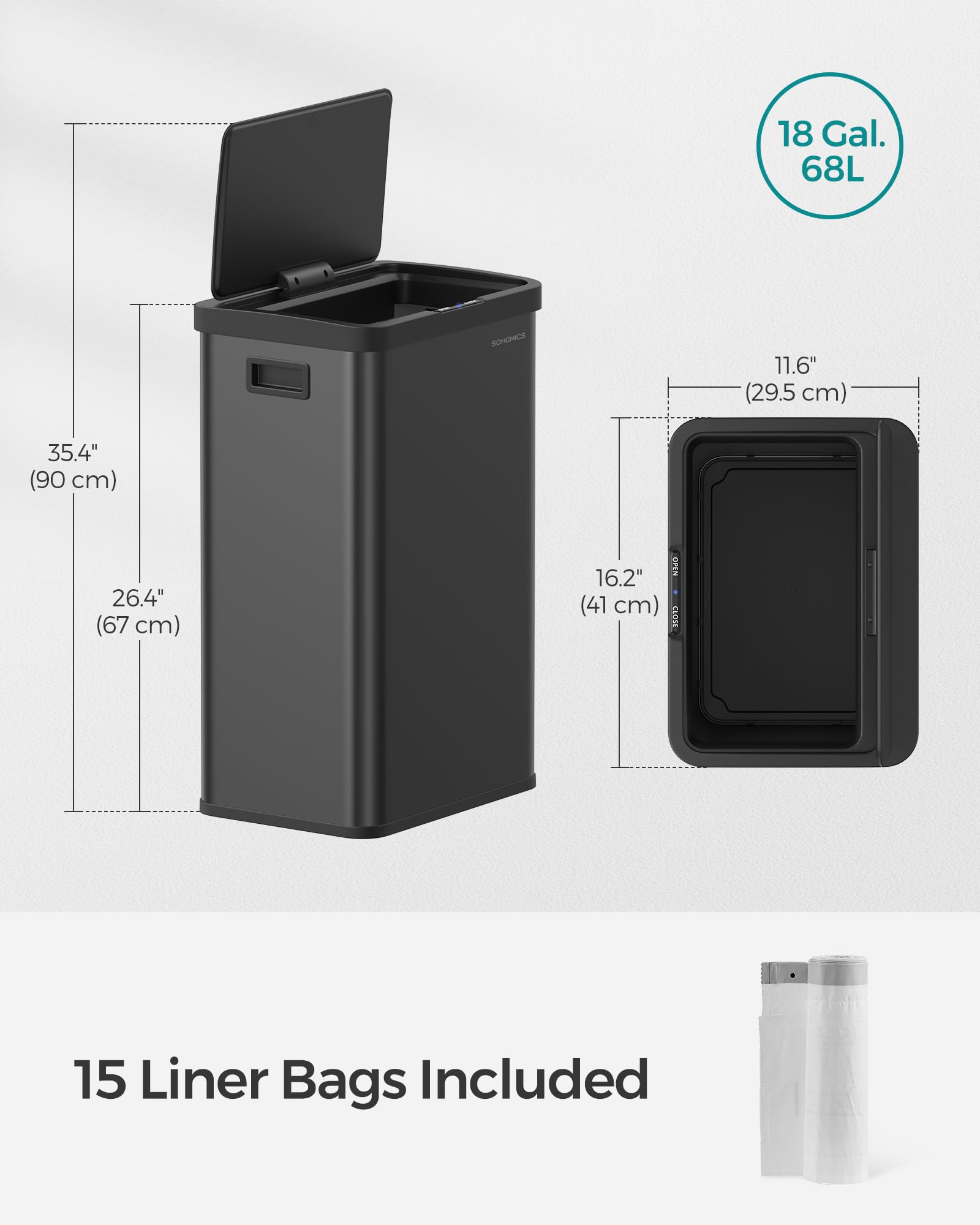 SONGMICS Motion Sensor Trash Can, 18-Gallon (68L) Automatic Kitchen Garbage Can with Stay-Open Lid, Soft Close, Stainless Steel, 15 Trash Bags Included, Ink Black ULTB630B68