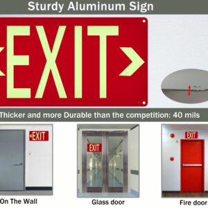 (2 Pack) Photoluminescent Exit Sign Red - with Removable Directional Arrows, With strong self adhesive tape, 14.25 x 7.5 Inches Heavy Duty Aluminum Signs, Fade Resistant