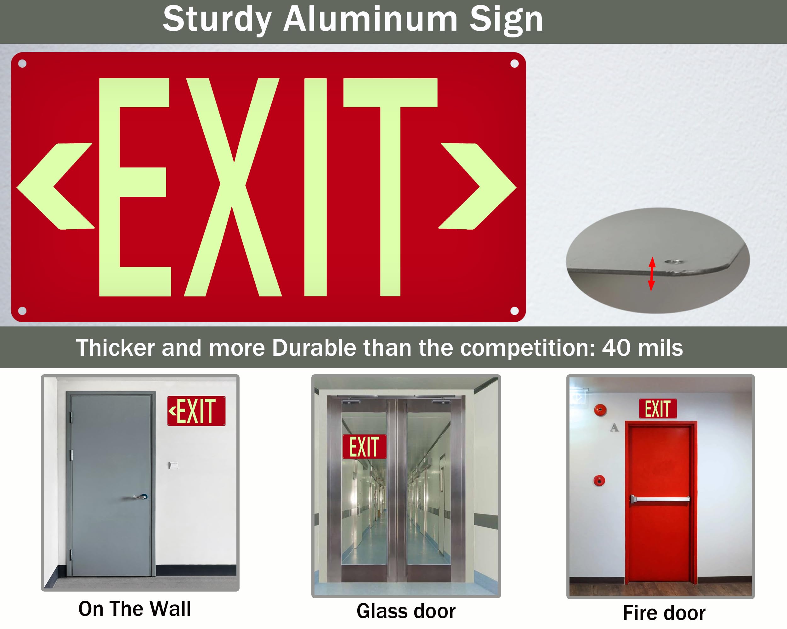 (2 Pack) Photoluminescent Exit Sign Red - with Removable Directional Arrows, With strong self adhesive tape, 14.25 x 7.5 Inches Heavy Duty Aluminum Signs, Fade Resistant