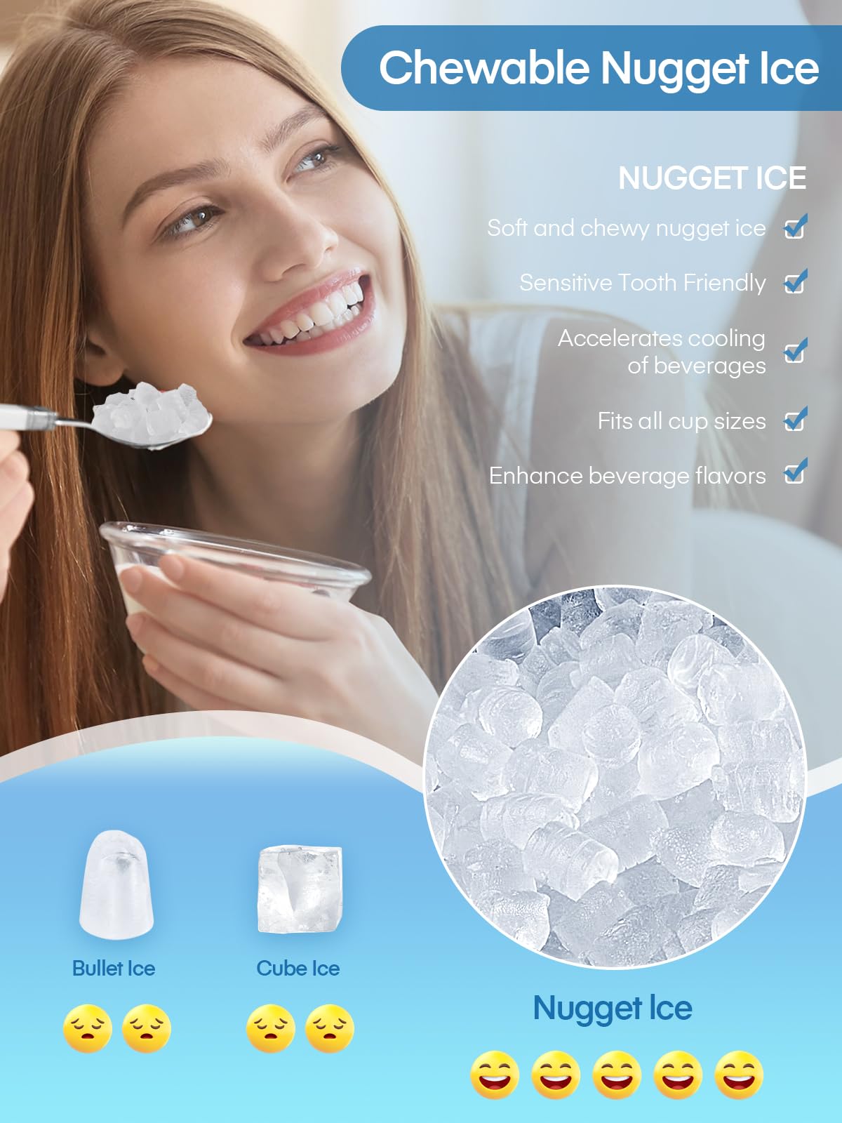 Nugget Ice Maker Countertop, 55lbs/24H Tooth-Friendly Soft Chewable Pebble Ice Machine, Self-Cleaning with Drainpipe, Crushed Pellet Ice Makers for Home Kitchen Party, Stainless Steel