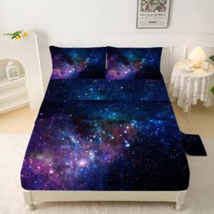 kxry Blue Purple Galaxy Fitted Sheet Sets Queen Size for Boys Kids Teens Outer Space Starry Sky Universe Bedding Set 1 Fitted Sheet + 1 Flat Sheet + 2 Pillow Cases