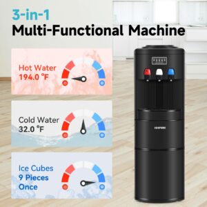 ICEPURE Water Dispenser with Ice Maker, 3-in-1 Hot and Cold Water Cooler with Built-in Bullet Ice Maker Machine, 26.5lbs/24H, Top Loading for 3-5 Gallon Bottle, Child Safety Lock, Black